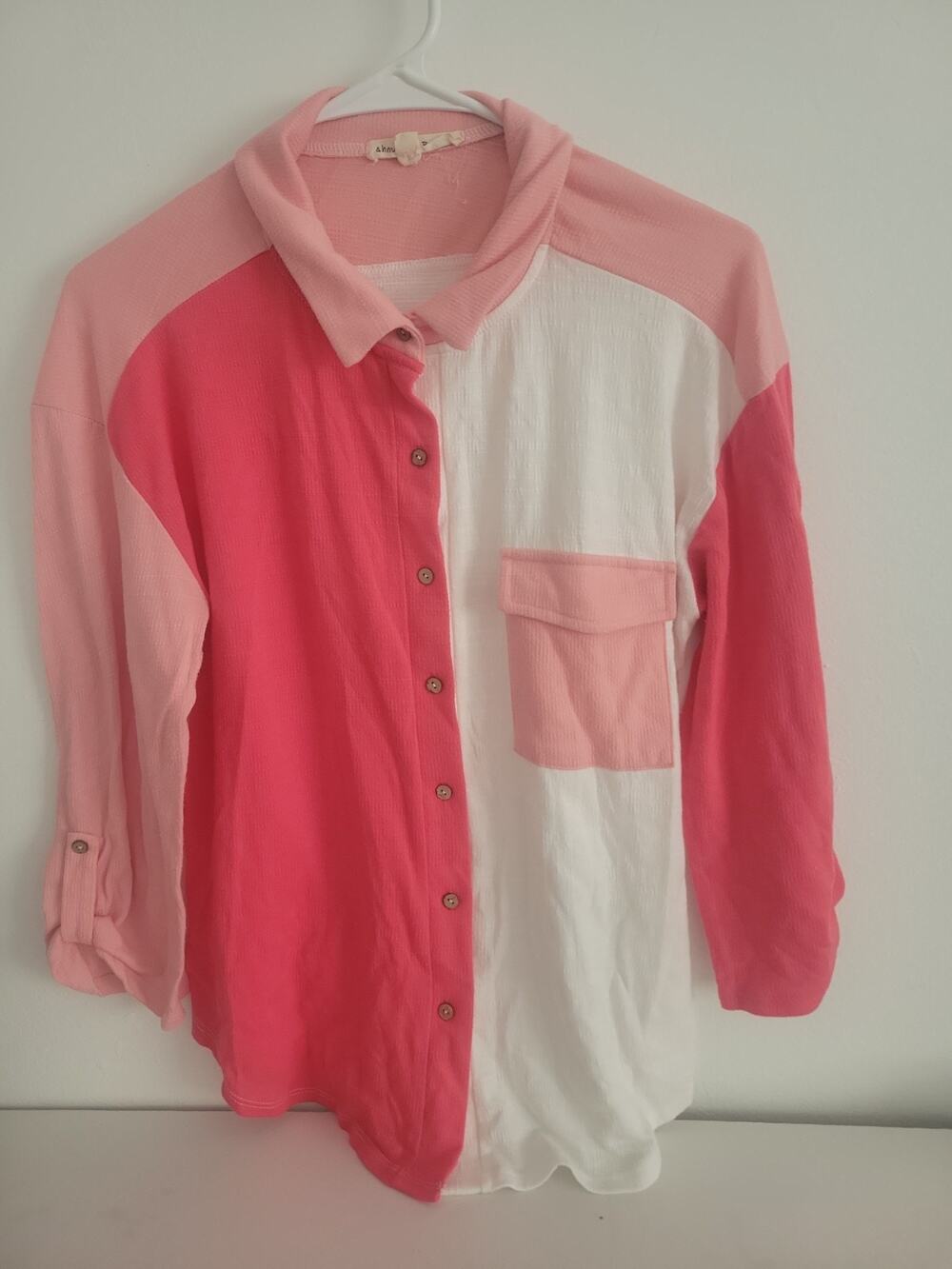 Above and Beyond Shirt Women M Pink White Color Block Roll Tab Sleeve Button Up